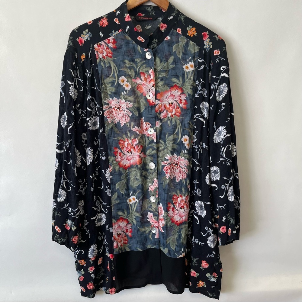 Vintage Francesca Rose Black Sheer Floral Button Down Blouse